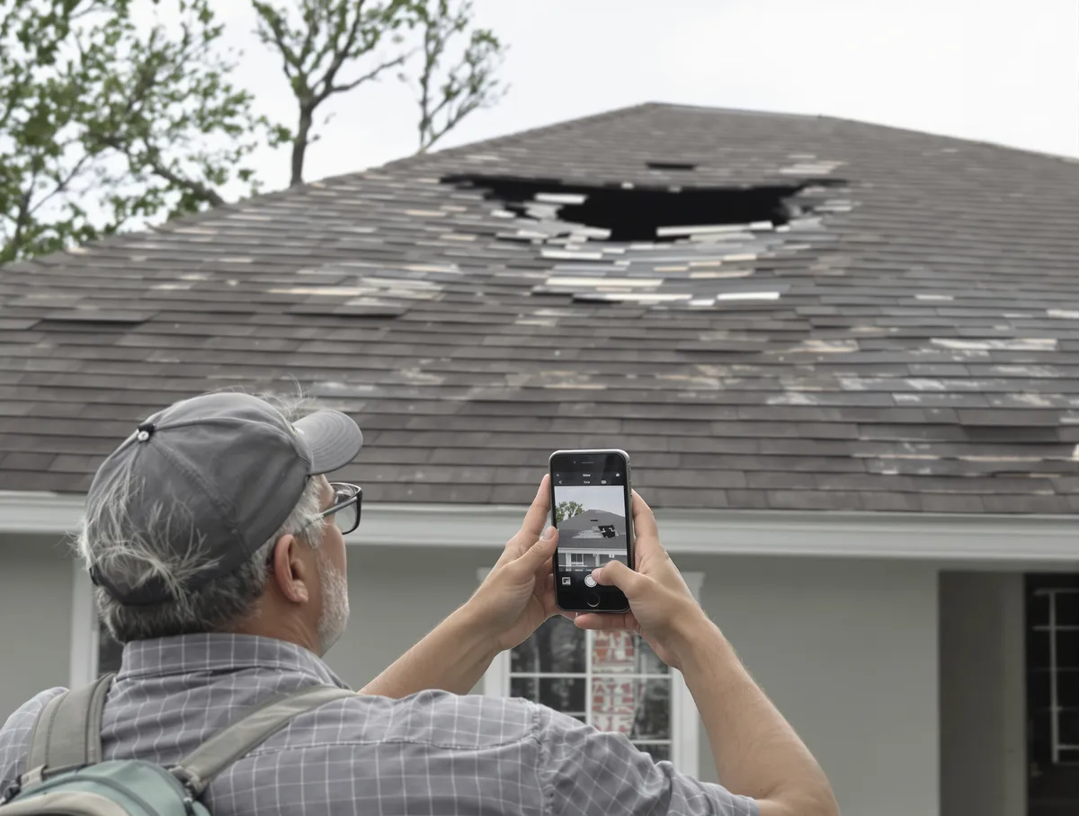 Homeowner photographing storm damage to their roof — documenting damage immediately is the first and most important step in the claims process